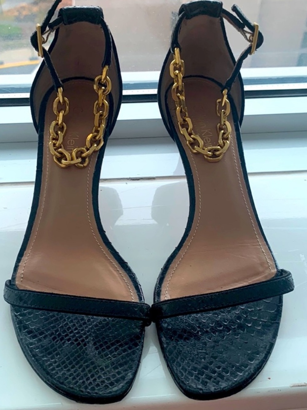 Calvin Klein Collection Black Open-Toe Ankle-Strap Sandals with Gold Chain